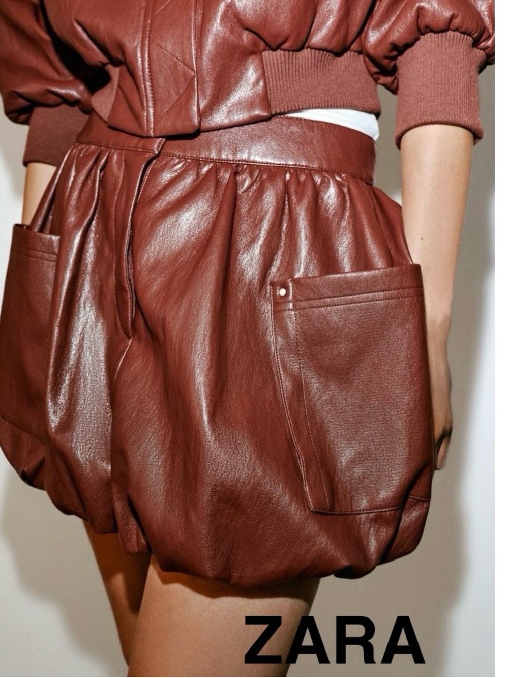 ZARA Faux Leather Rust Brown Balloon Leather Skirt - Size XL - NEW